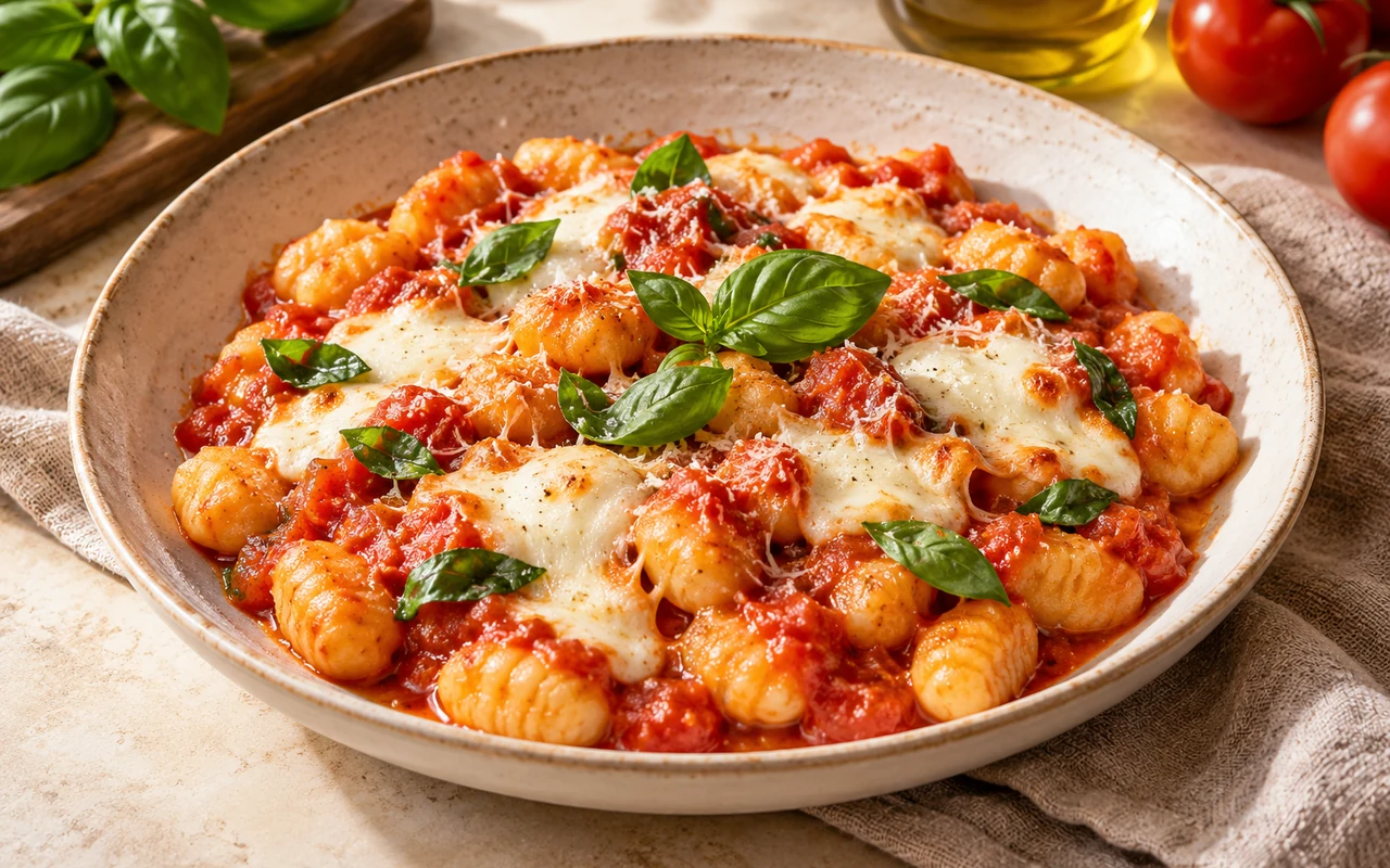 Gnocchetti con salsa di pomodoro, mozzarella gratinata e basilico su un piatto chiaro